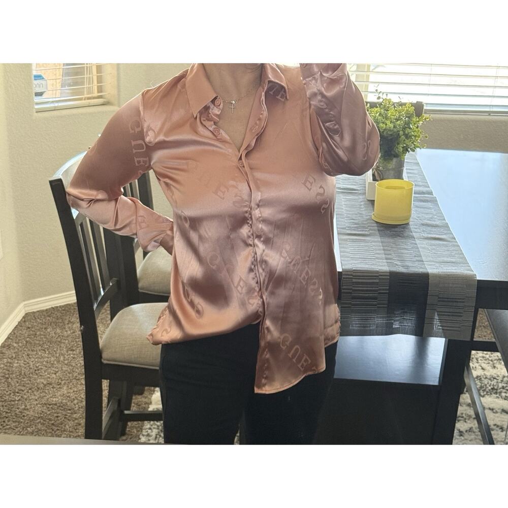 Guess Galina Satin Rose Gold Button-Up Blouse Romantic Coquette Women’s M